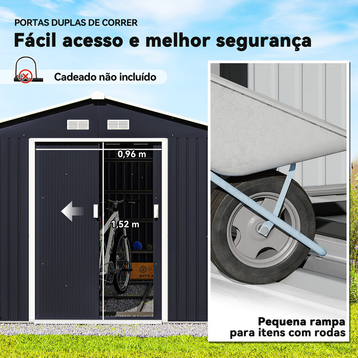 Abrigo de Jardim Exterior Abrigo e Jardim Metálico para Armazenamento de Ferramentas com Base Incluída e 4 Janelas 322x277x192cm Cinza Escuro