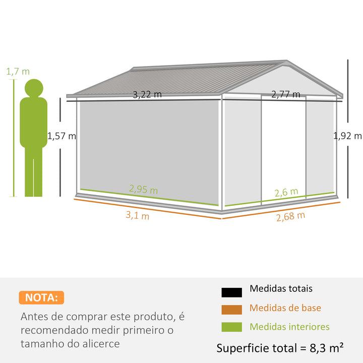Abrigo de Jardim Exterior Abrigo e Jardim Metálico para Armazenamento de Ferramentas com Base Incluída e 4 Janelas 322x277x192cm Cinza Escuro
