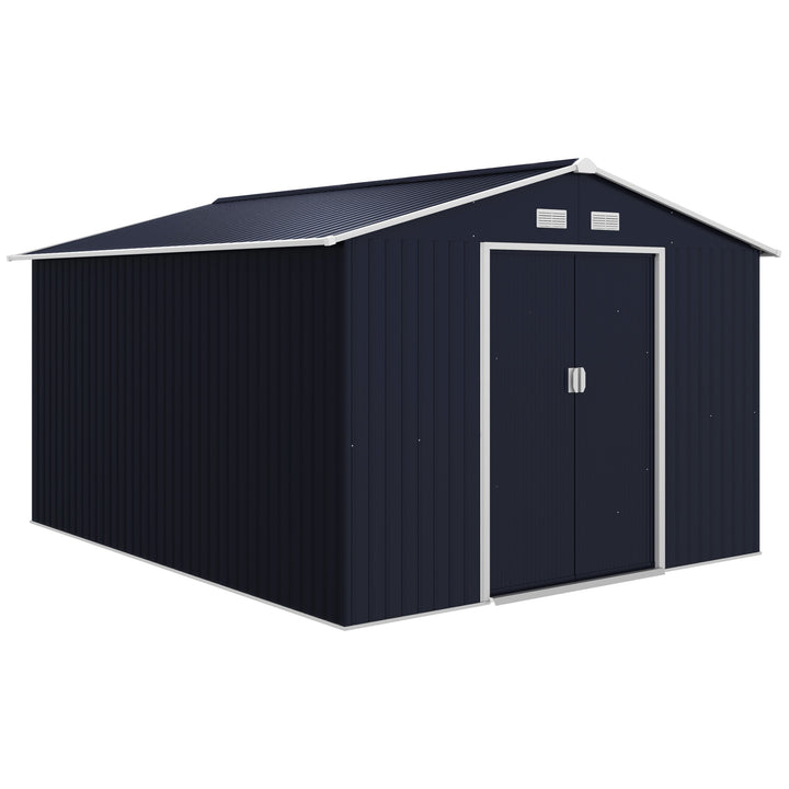Abrigo de Jardim Exterior Abrigo e Jardim Metálico para Armazenamento de Ferramentas com Base Incluída e 4 Janelas 322x277x192cm Cinza Escuro