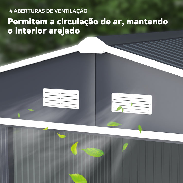 Abrigo de Jardim Exterior Abrigo e Jardim Metálico para Armazenamento de Ferramentas com Base Incluída e 4 Janelas 322x277x192cm Cinza Escuro