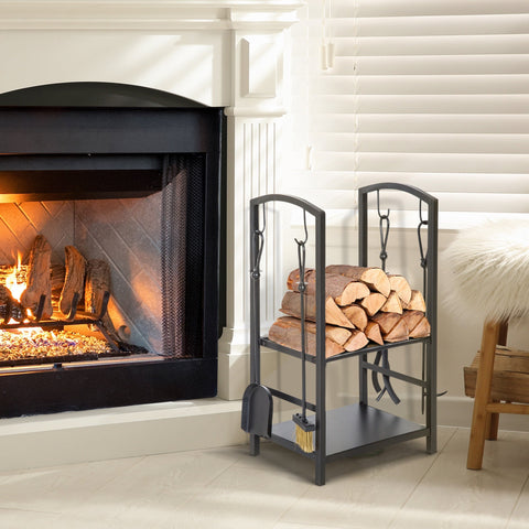 Suporte para Lenha de 2 Níveis Porta Lenha Exterior e Interior Metálico com 4 Ferramentas para Lareira Carga Máx. 100kg 40x30x74,5cm Preto