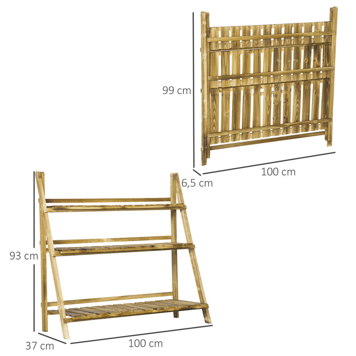 Suporte para Plantas de Madeira de 3 Níveis Prateleira Dobrável com Base de Ripas Suporte para Vasos para Interior e Exterior, Terraço e Jardim 100x37x93 cm Carbonizado