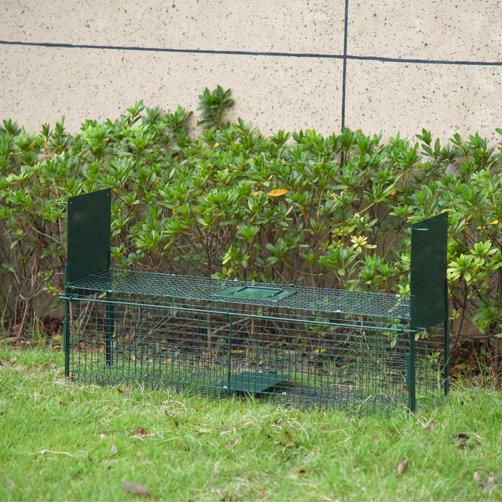 Armadilha com 2 portas para animais vivos Gaiola de captura de metal com alça 100x25x28 cm Verde escuro