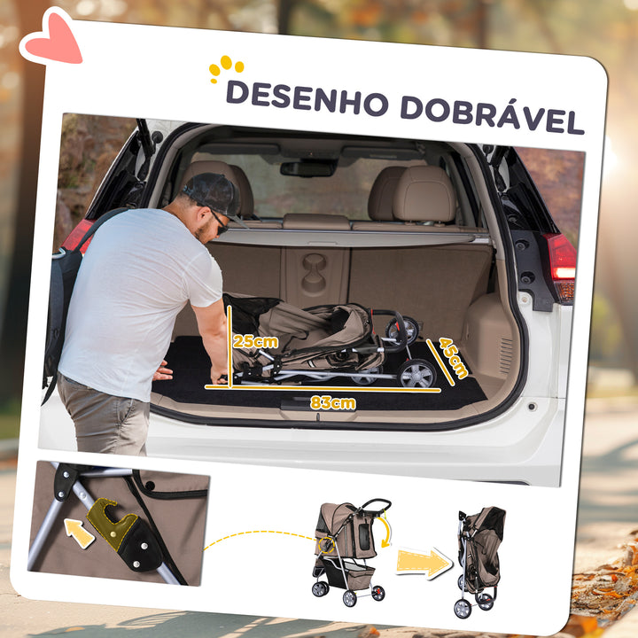 Carrito Dobrável Animais de Estimação para Cão e Gato Carrito Rodas 360º - Cor Castanho Café - 75x45x97 cm