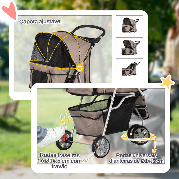 Carrito Dobrável Animais de Estimação para Cão e Gato Carrito Rodas 360º - Cor Castanho Café - 75x45x97 cm