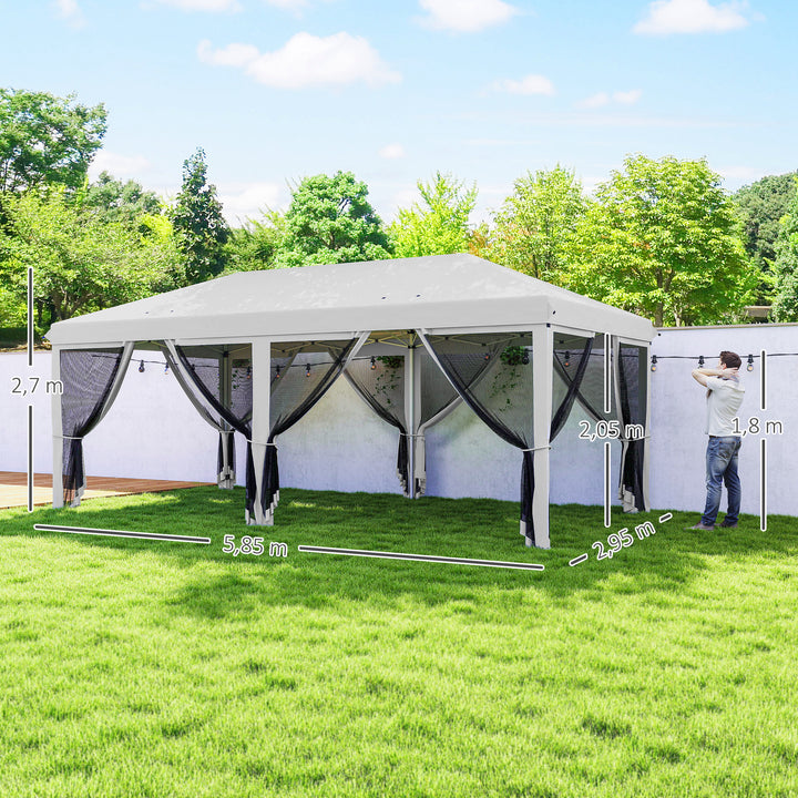 Tenda Dobrável 585x295x270 cm Tenda de Jardim com 6 Mosquiteiros Bolsa de Transporte e Estrutura de Aço para Campismo Festas Cinza