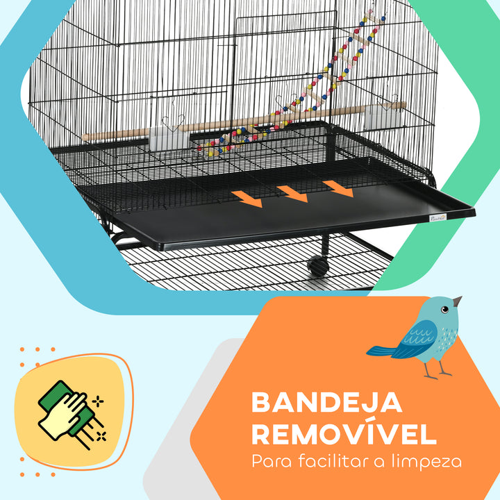 Gaiola para Pássaros com Rodas Comedouros Poleiros Prateleira Inferior Bandeja Removível 97x58x160 cm Preto