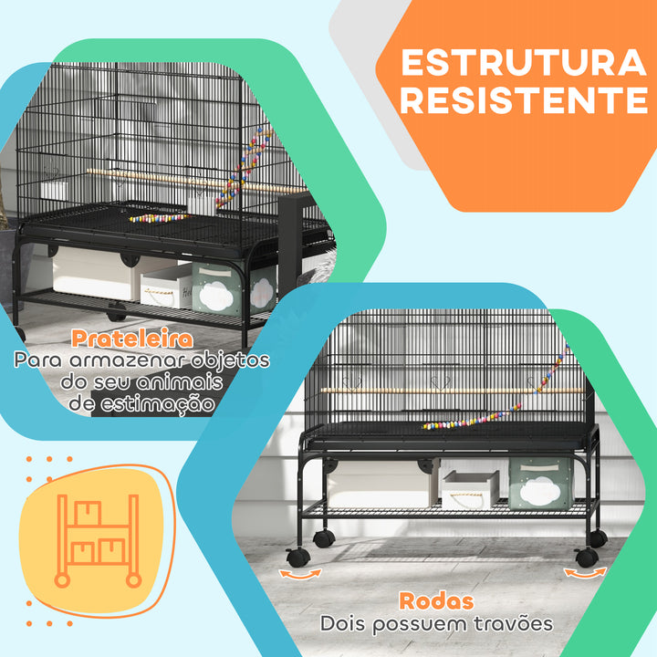 Gaiola para Pássaros com Rodas Comedouros Poleiros Prateleira Inferior Bandeja Removível 97x58x160 cm Preto