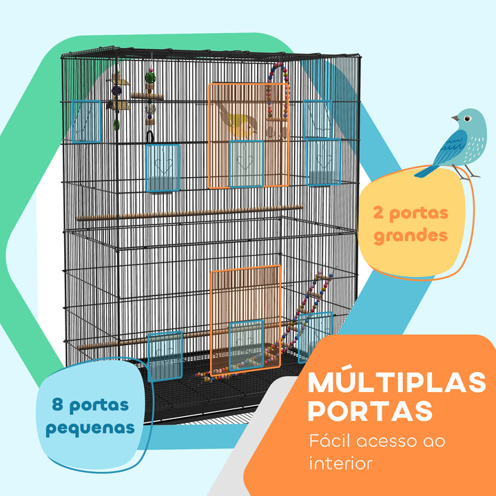 Gaiola para Pássaros com Rodas Comedouros Poleiros Prateleira Inferior Bandeja Removível 97x58x160 cm Preto