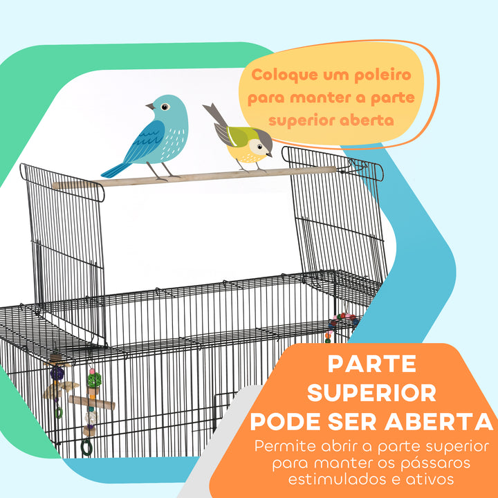Gaiola para Pássaros com Rodas Comedouros Poleiros Prateleira Inferior Bandeja Removível 97x58x160 cm Preto