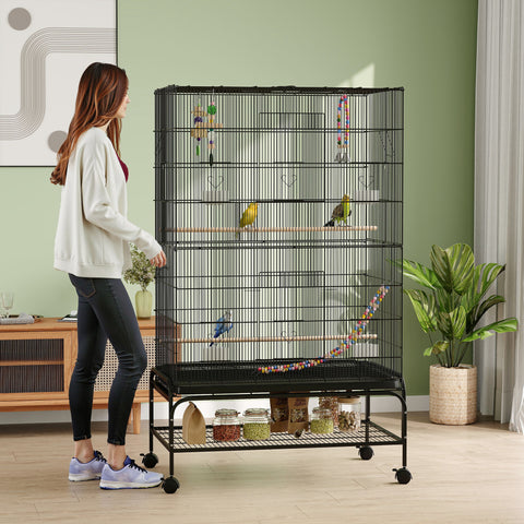 Gaiola para Pássaros com Rodas Comedouros Poleiros Prateleira Inferior Bandeja Removível 97x58x160 cm Preto