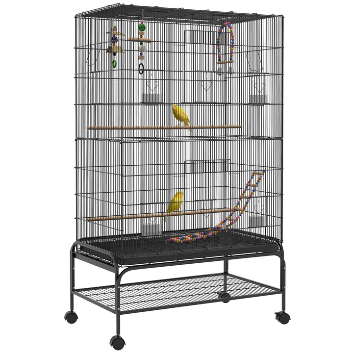 Gaiola para Pássaros com Rodas Comedouros Poleiros Prateleira Inferior Bandeja Removível 97x58x160 cm Preto