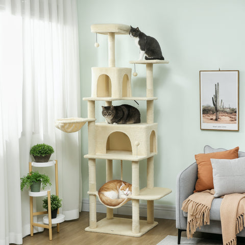 Arranhador para Gatos 202 cm Torre de Escalada com Plataformas Plataformas Caverna Postes de Sisal Bolas e Corda para Brincar Bege