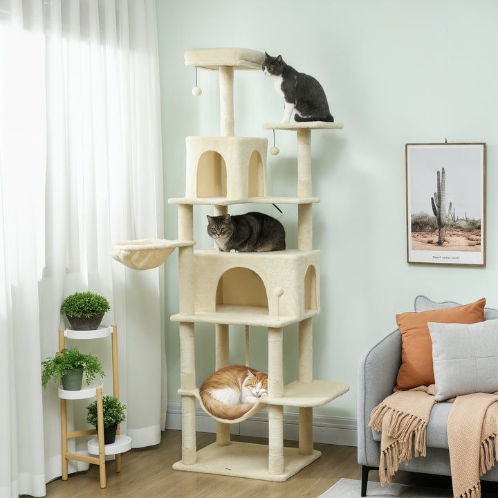Arranhador para Gatos 202 cm Torre de Escalada com Plataformas Plataformas Caverna Postes de Sisal Bolas e Corda para Brincar Bege
