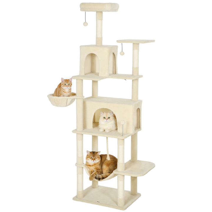 Arranhador para Gatos 202 cm Torre de Escalada com Plataformas Plataformas Caverna Postes de Sisal Bolas e Corda para Brincar Bege