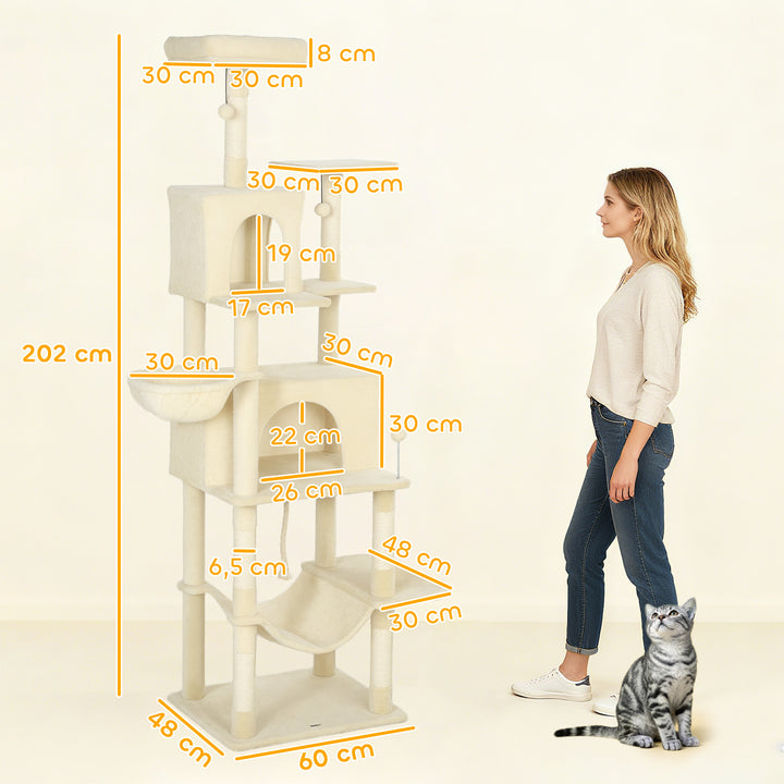 Arranhador para Gatos 202 cm Torre de Escalada com Plataformas Plataformas Caverna Postes de Sisal Bolas e Corda para Brincar Bege