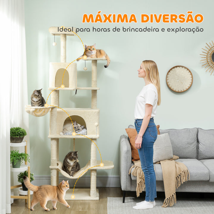 Arranhador para Gatos 202 cm Torre de Escalada com Plataformas Plataformas Caverna Postes de Sisal Bolas e Corda para Brincar Bege