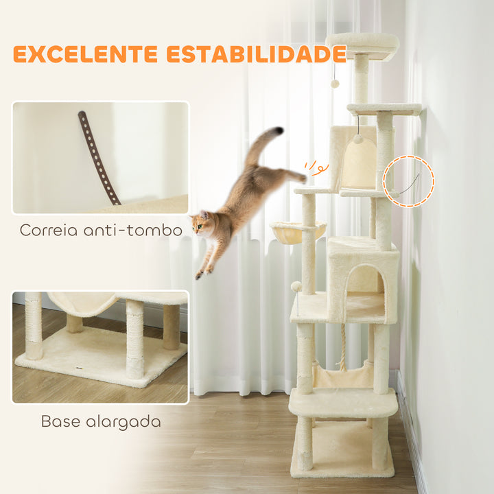 Arranhador para Gatos 202 cm Torre de Escalada com Plataformas Plataformas Caverna Postes de Sisal Bolas e Corda para Brincar Bege