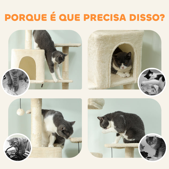 Arranhador para Gatos 202 cm Torre de Escalada com Plataformas Plataformas Caverna Postes de Sisal Bolas e Corda para Brincar Bege