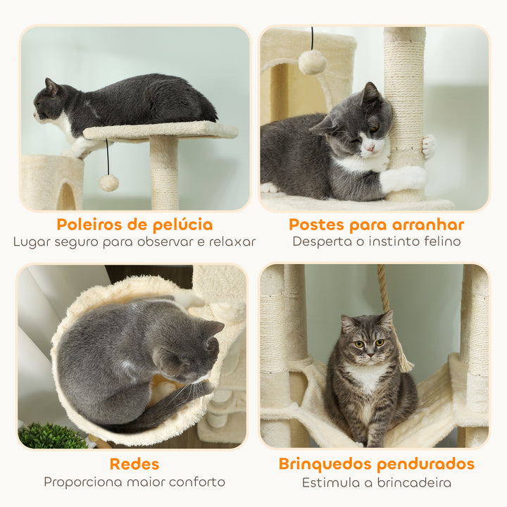 Arranhador para Gatos 202 cm Torre de Escalada com Plataformas Plataformas Caverna Postes de Sisal Bolas e Corda para Brincar Bege