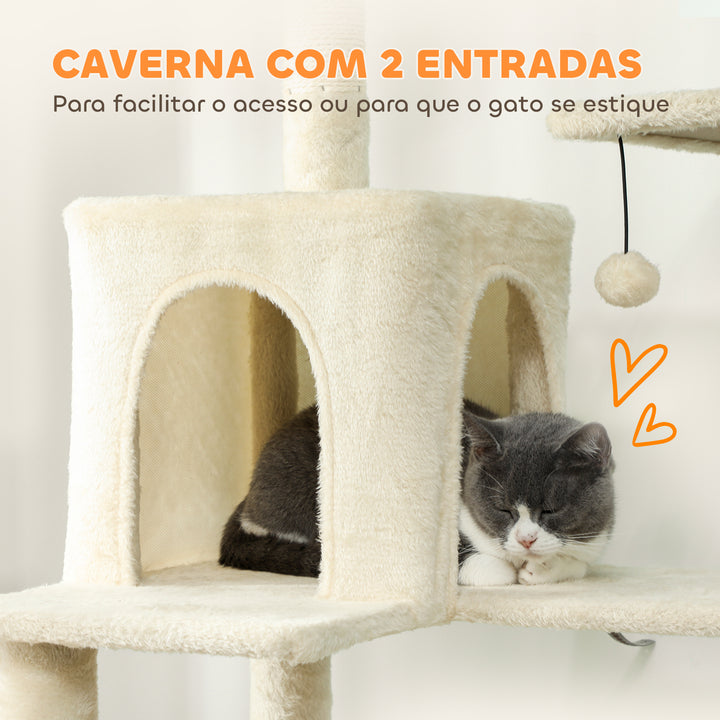 Arranhador para Gatos 202 cm Torre de Escalada com Plataformas Plataformas Caverna Postes de Sisal Bolas e Corda para Brincar Bege