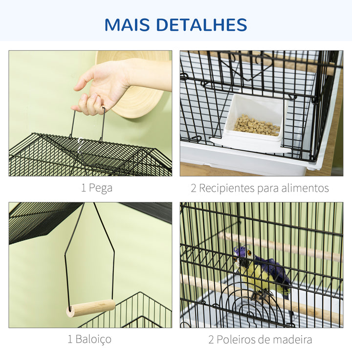 Gaiola para Pássaros de Aço com Comedouros Poleiros Baloiço e Bandeja Removível Gaiola Grande para Papagaios Canários e Periquitos 50,5x41x63 cm Branco