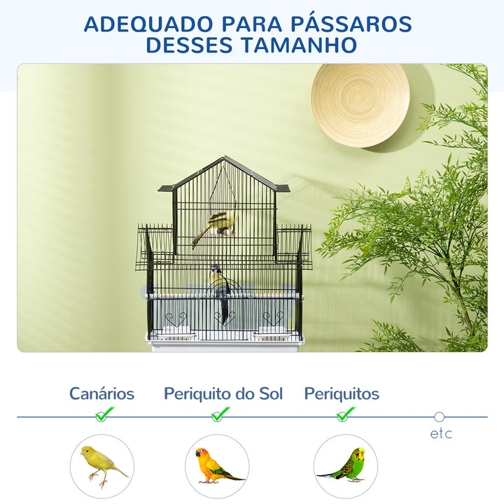 Gaiola para Pássaros de Aço com Comedouros Poleiros Baloiço e Bandeja Removível Gaiola Grande para Papagaios Canários e Periquitos 50,5x41x63 cm Branco