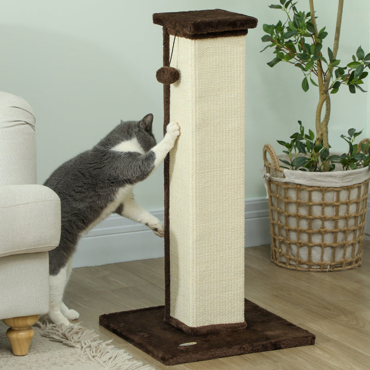 Poste Arranhador para Gatos Altura 81 cm Arranhador para Gatos com Poste de Sisal e Bola Suspensa 41x41x81 cm Marrom e Creme