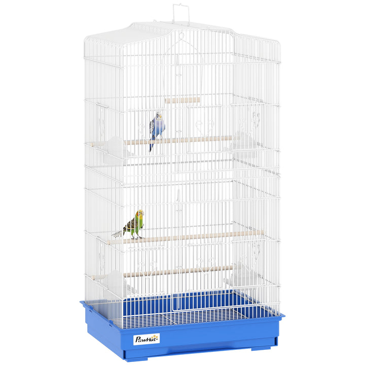 Gaiola para Pássaros, Gaiola Metálica com Portas, 4 Tigelas de Comida, 3 Poleiros, Baloiço, Bandeja Removível e Pega para Transporte, para Papagaio, Canário, Periquito, 46,5x35,5x92 cm, Azul
