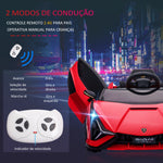 Carro Elétrico Lamborghini SIAN 12V para Crianças acima de 3 Anos com Controle Remoto Abertura da Porta Música MP3 USB e Faróis 108x62x40cm Vermelho