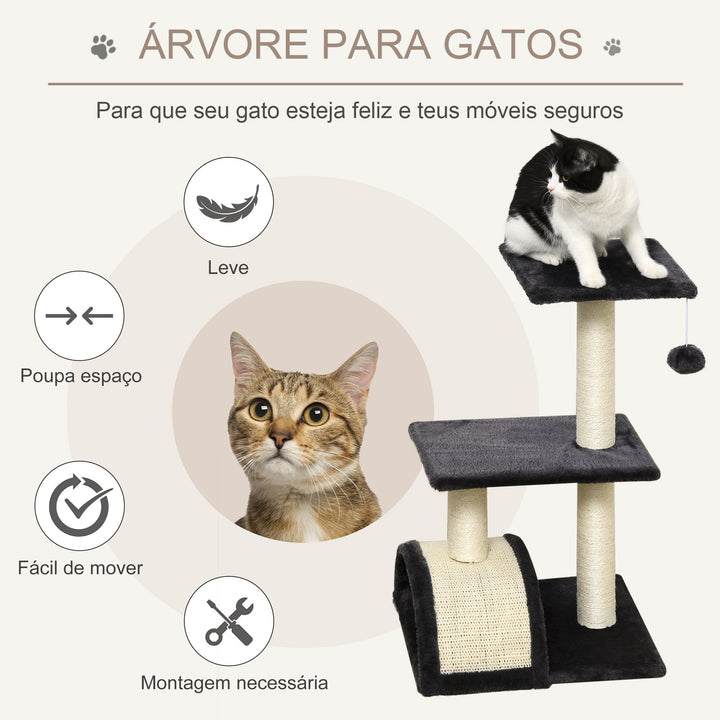 Arranhador para Gatos Médio Arranhador para Gatos de 3 Níveis Torre para Gatos com Postes de Sisal Placa para Arranhar e Bola Suspensa Cinzento Escuro