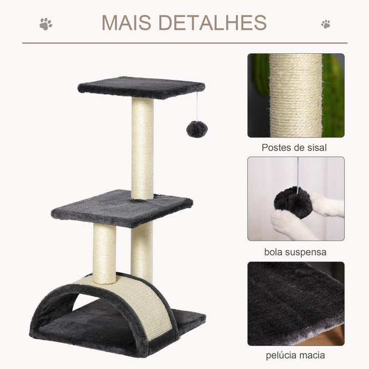 Arranhador para Gatos Médio Arranhador para Gatos de 3 Níveis Torre para Gatos com Postes de Sisal Placa para Arranhar e Bola Suspensa Cinzento Escuro