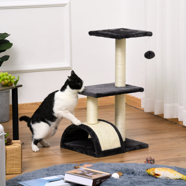 Arranhador para Gatos Médio Arranhador para Gatos de 3 Níveis Torre para Gatos com Postes de Sisal Placa para Arranhar e Bola Suspensa Cinzento Escuro