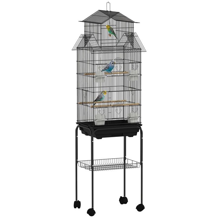Gaiola de Metal para Pássaros com Bandeja Amovível e Rodas Gaiola para Canários com 4 Comedouros 3 Poleiros e 1 Baloiço para Periquitos 50,5x41x163 cm Preto