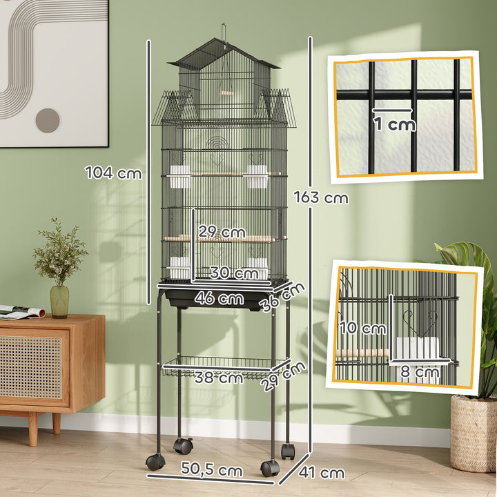 Gaiola de Metal para Pássaros com Bandeja Amovível e Rodas Gaiola para Canários com 4 Comedouros 3 Poleiros e 1 Baloiço para Periquitos 50,5x41x163 cm Preto