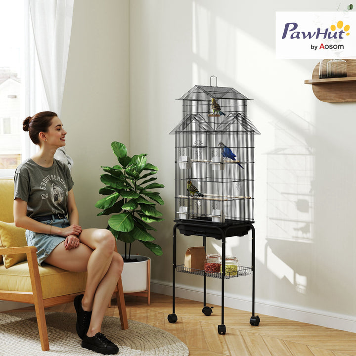Gaiola de Metal para Pássaros com Bandeja Amovível e Rodas Gaiola para Canários com 4 Comedouros 3 Poleiros e 1 Baloiço para Periquitos 50,5x41x163 cm Preto