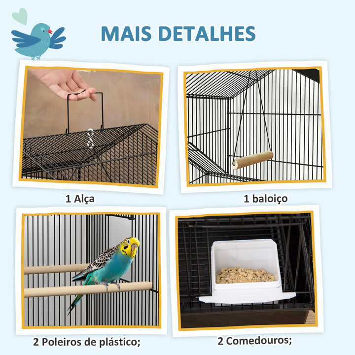 Gaiola de Metal para Pássaros com Bandeja Amovível e Rodas Gaiola para Canários com 4 Comedouros 3 Poleiros e 1 Baloiço para Periquitos 50,5x41x163 cm Preto