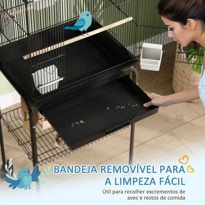 Gaiola de Metal para Pássaros com Bandeja Amovível e Rodas Gaiola para Canários com 4 Comedouros 3 Poleiros e 1 Baloiço para Periquitos 50,5x41x163 cm Preto