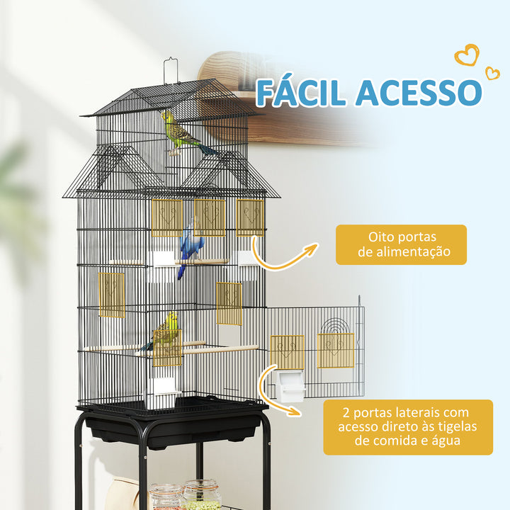 Gaiola de Metal para Pássaros com Bandeja Amovível e Rodas Gaiola para Canários com 4 Comedouros 3 Poleiros e 1 Baloiço para Periquitos 50,5x41x163 cm Preto