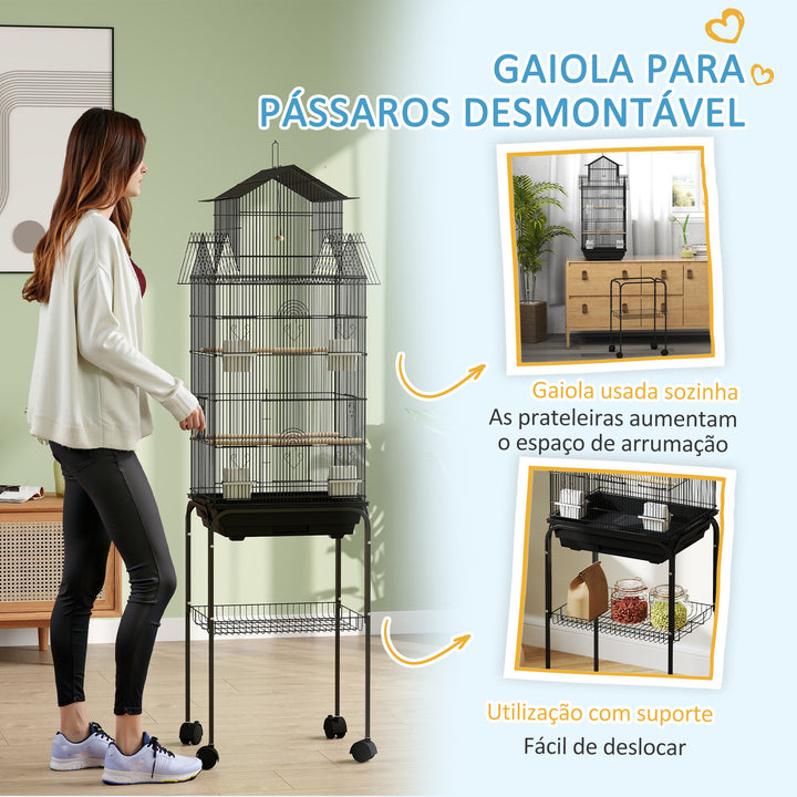Gaiola de Metal para Pássaros com Bandeja Amovível e Rodas Gaiola para Canários com 4 Comedouros 3 Poleiros e 1 Baloiço para Periquitos 50,5x41x163 cm Preto