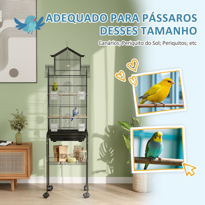 Gaiola de Metal para Pássaros com Bandeja Amovível e Rodas Gaiola para Canários com 4 Comedouros 3 Poleiros e 1 Baloiço para Periquitos 50,5x41x163 cm Preto