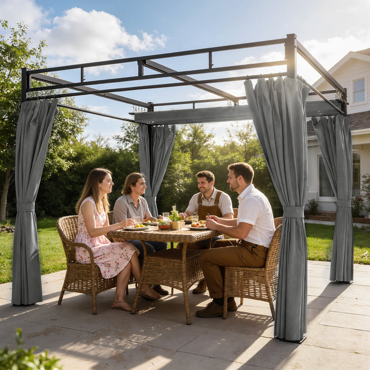 Pérgola de Jardim 295x295x221 cm com Teto Retrátil e Cortinas UPF30+ Estrutura Metálica Pérgola para Exterior Cinzento Escuro