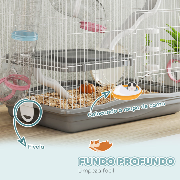Gaiola para Hamster 45x30x45 cm Casa para Animais Pequenos com Túnel Plataformas Taça Bebedouro Casinha Rampas e Roda de Exercício para Hamsters Anões Gerbos Cinzento