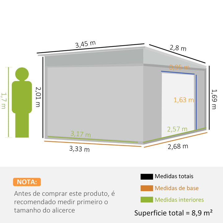 Abrigo de Jardim 280x345x201 cm 8,9 m² Abrigo de Exterior de Aço para Armazenamento de Ferramentas com Portas e 2 Janelas Cinza