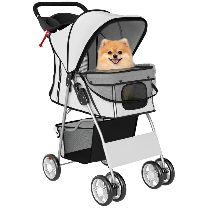 Carrinho Dobrável para Cães, Coche para Cães Pequenos com Cesta de Armazenamento, Janelas de Rede, Porta-copos, Rodas de EVA, Almofada Lavável, Travões, Suporte até 10 kg, 77x44x102 cm, Cinzento