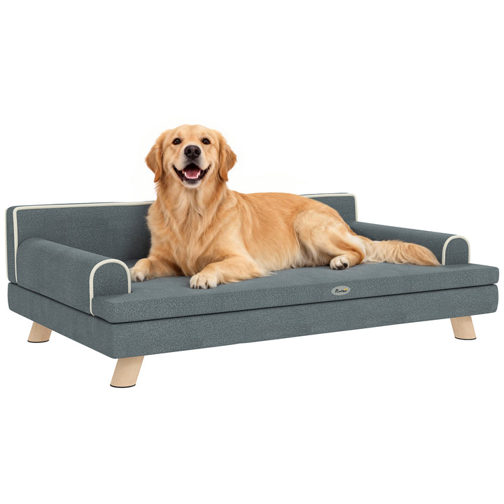 Sofá para Cães Grandes e Médios 100x62x32 cm Cama Elevada Revestimento em Chenille com Almofada Lavável e Pés de Madeira de Pinho Cinza Escuro