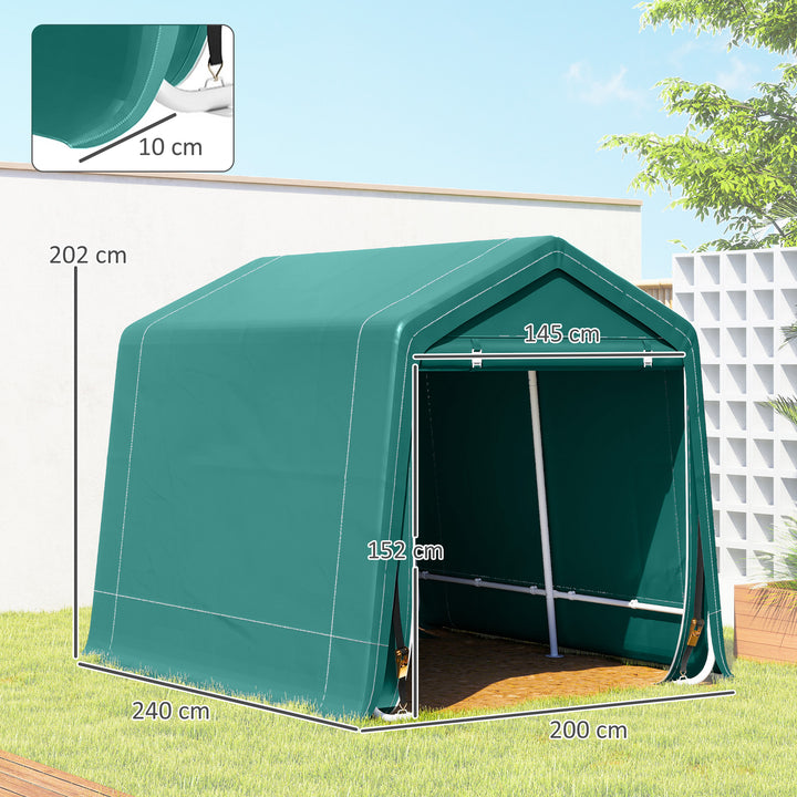 Abrigo de Exterior para Ferramentas Bicicleta 2,4x2x2,02 m Abrigo de Armazenamento com 2 Portas com Fecho de Correr Impermeável Anti-UV para Jardim Verde