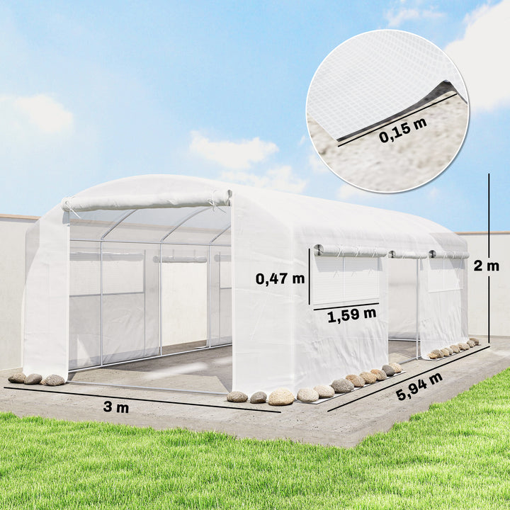Estufa de Exterior 6x3x2 m Estufa Túnel com 3 Portas Enroláveis Janelas com Rede Cobertura PE 140g/m² Anti-UV e Estrutura de Aço Galvanizado para Cultivo de Plantas Branco