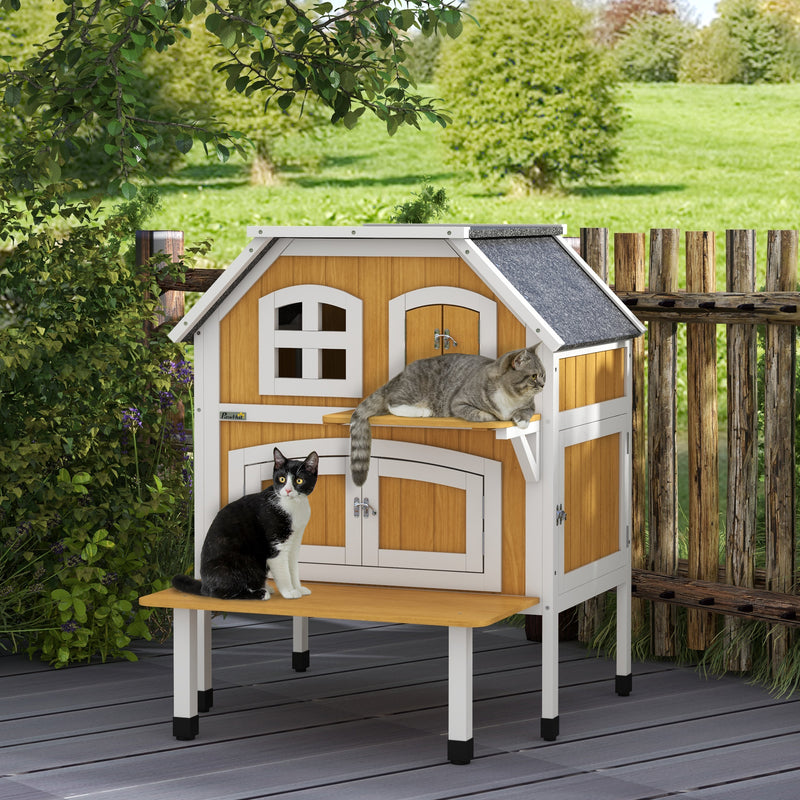 Casa para Gatos de Madeira 78x82x93 cm Casota para Gatos de 2 Níveis Abrigo para Gatos com Telhado Asfáltico Terraço e Plataforma de Salto Natural