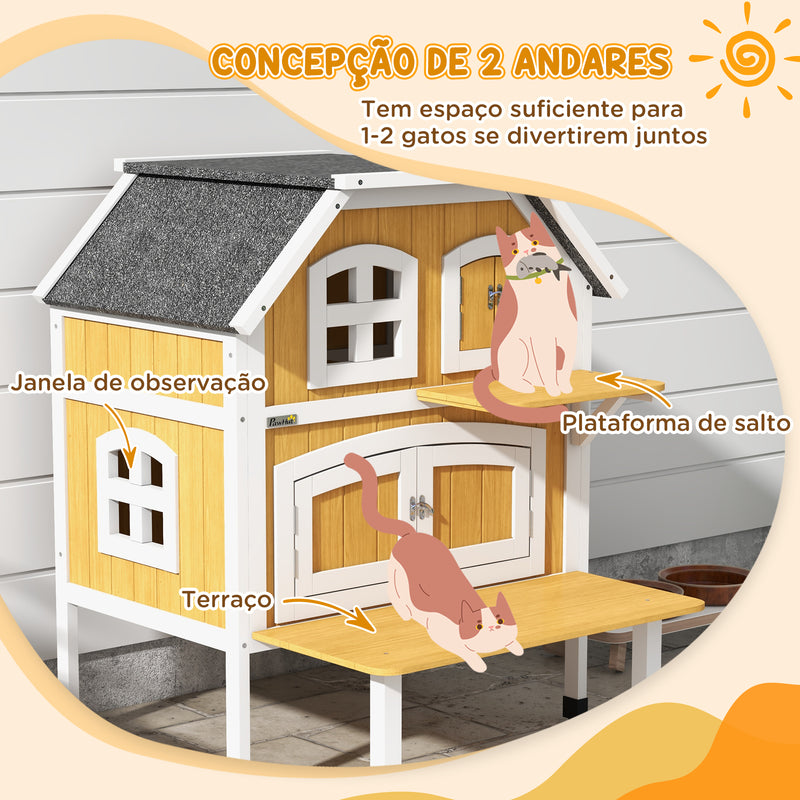 Casa para Gatos de Madeira 78x82x93 cm Casota para Gatos de 2 Níveis Abrigo para Gatos com Telhado Asfáltico Terraço e Plataforma de Salto Natural